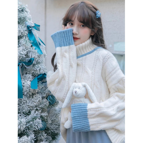 撞色麻花復古高領針織衫毛衣女冬季外穿套頭軟糯加厚打底羊毛衫女