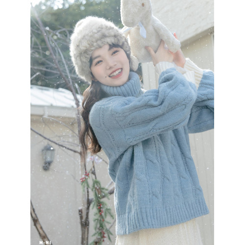 撞色麻花復古高領針織衫毛衣女冬季外穿套頭軟糯加厚打底羊毛衫女