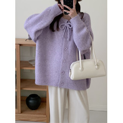 蝴蝶結藍色毛衣開衫女春秋新款系帶花毛線大碼寬松慵懶風針織外套