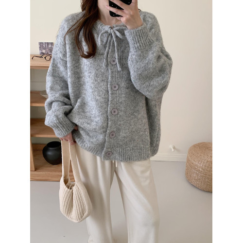 蝴蝶結藍色毛衣開衫女春秋新款系帶花毛線大碼寬松慵懶風針織外套