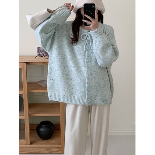 蝴蝶結藍色毛衣開衫女春秋新款系帶花毛線大碼寬松慵懶風針織外套