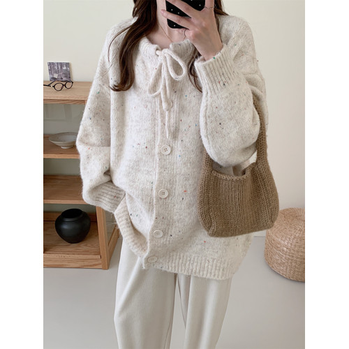 蝴蝶結藍色毛衣開衫女春秋新款系帶花毛線大碼寬松慵懶風針織外套