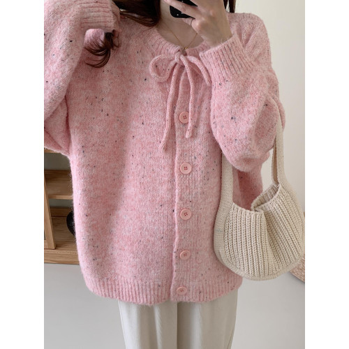 蝴蝶結藍色毛衣開衫女春秋新款系帶花毛線大碼寬松慵懶風針織外套