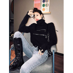 2024秋冬新款拉鍊小衆設計感寬松針織打底上衣高領短款外穿毛衣女