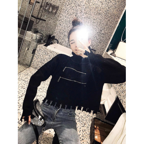 2024秋冬新款拉鍊小衆設計感寬松針織打底上衣高領短款外穿毛衣女