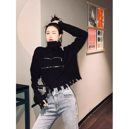 2024秋冬新款拉鍊小衆設計感寬松針織打底上衣高領短款外穿毛衣女