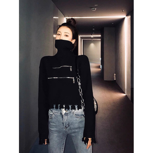 2024秋冬新款拉鍊小衆設計感寬松針織打底上衣高領短款外穿毛衣女