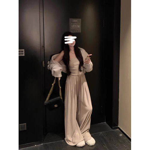 2024秋冬新款翻領披肩毛衣外套女針織開衫短款抹胸打底兩件套上衣