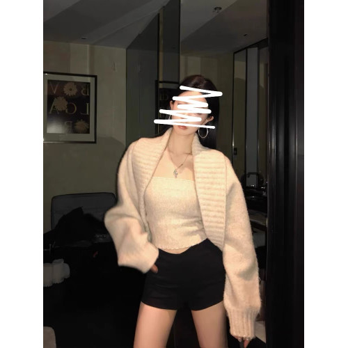 2024秋冬新款翻領披肩毛衣外套女針織開衫短款抹胸打底兩件套上衣