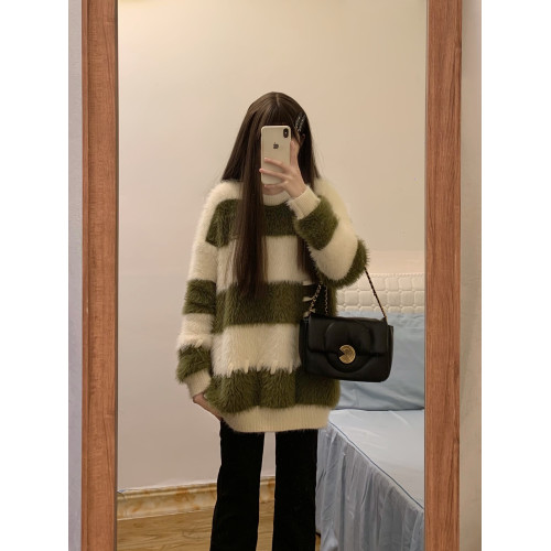 軟糯水貂絨條紋撞色毛衣女秋冬季寬松設計感小衆慵懶風針織衫上衣