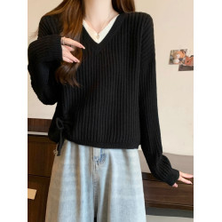 假兩件V領抽繩毛衣女打底衫2025新款秋冬季時尚百搭寬松短款上衣