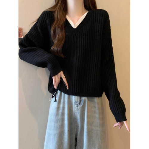 假兩件V領抽繩毛衣女打底衫2025新款秋冬季時尚百搭寬松短款上衣