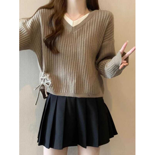 假兩件V領抽繩毛衣女打底衫2025新款秋冬季時尚百搭寬松短款上衣