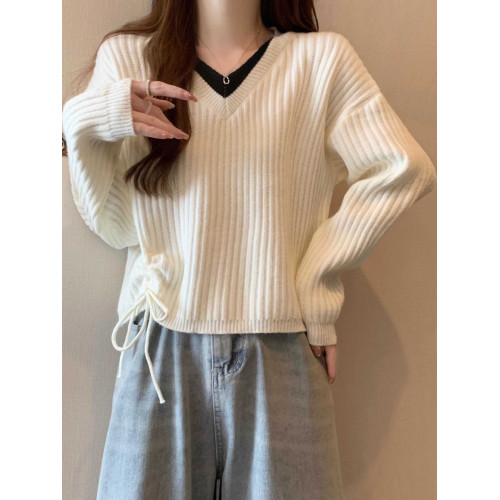 假兩件V領抽繩毛衣女打底衫2025新款秋冬季時尚百搭寬松短款上衣