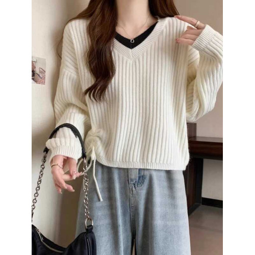 假兩件V領抽繩毛衣女打底衫2025新款秋冬季時尚百搭寬松短款上衣