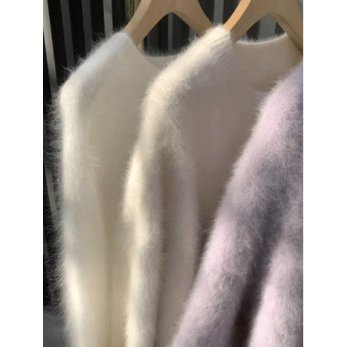 香芋紫色水貂絨圓領毛衣女秋冬季加厚小個子慵懶風軟糯針織衫上衣