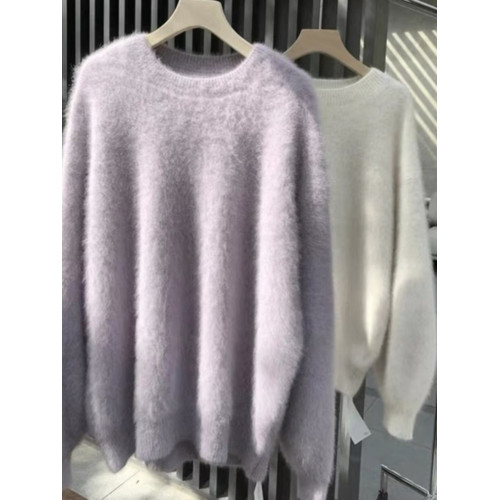 香芋紫色水貂絨圓領毛衣女秋冬季加厚小個子慵懶風軟糯針織衫上衣