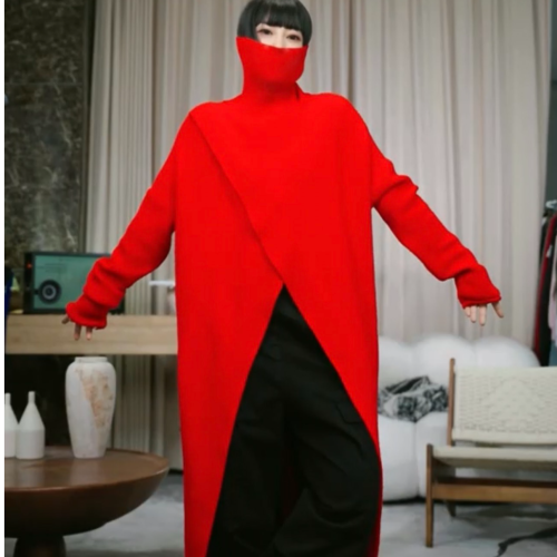 2025秋冬新款高領設計款開叉長款針織毛衣一店NF0509609