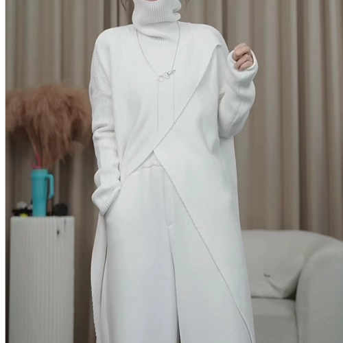 2025秋冬新款高領設計款開叉長款針織毛衣一店NF0509609