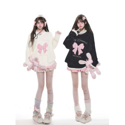 美式甜美蝴蝶結貼布綉毛邊毛衣女生秋冬軟糯防馬海毛奶fufu針織衫