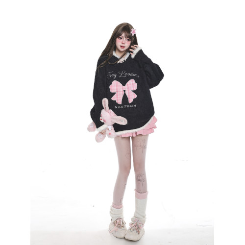 美式甜美蝴蝶結貼布綉毛邊毛衣女生秋冬軟糯防馬海毛奶fufu針織衫