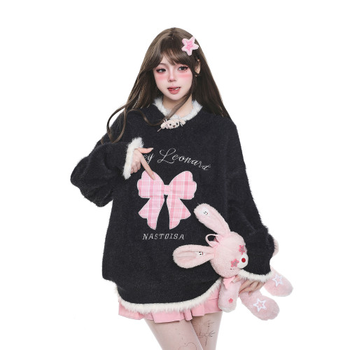 美式甜美蝴蝶結貼布綉毛邊毛衣女生秋冬軟糯防馬海毛奶fufu針織衫