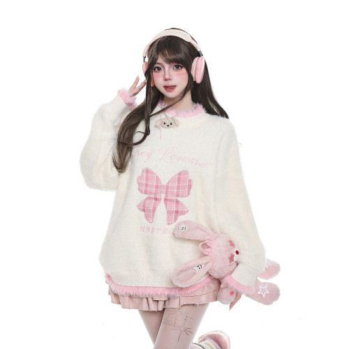 美式甜美蝴蝶結貼布綉毛邊毛衣女生秋冬軟糯防馬海毛奶fufu針織衫