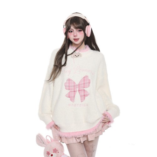 美式甜美蝴蝶結貼布綉毛邊毛衣女生秋冬軟糯防馬海毛奶fufu針織衫