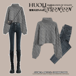 韓系冬季穿搭白色高領毛衣女巨好看的冬裝一整套高級感慵懶針織衫