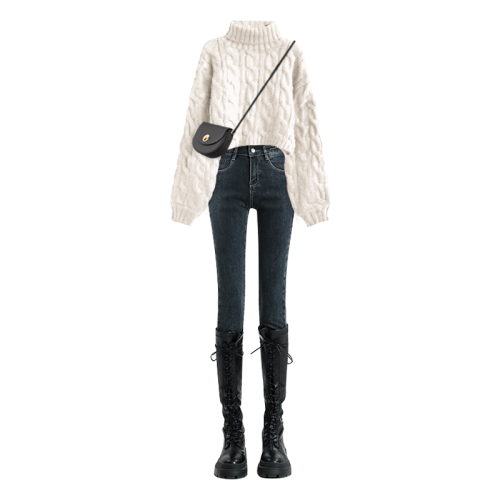 韓系冬季穿搭白色高領毛衣女巨好看的冬裝一整套高級感慵懶針織衫