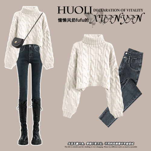 韓系冬季穿搭白色高領毛衣女巨好看的冬裝一整套高級感慵懶針織衫