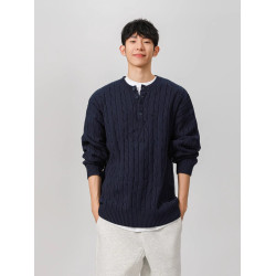 藏青色美式亨利領毛衣男秋冬寬松加厚男士針織衫麻花內搭上衣男款