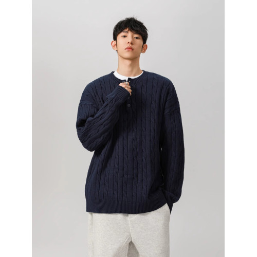 藏青色美式亨利領毛衣男秋冬寬松加厚男士針織衫麻花內搭上衣男款 藏青色美式亨利領毛衣男秋冬寬松加厚男士針織衫麻花內搭上衣男款