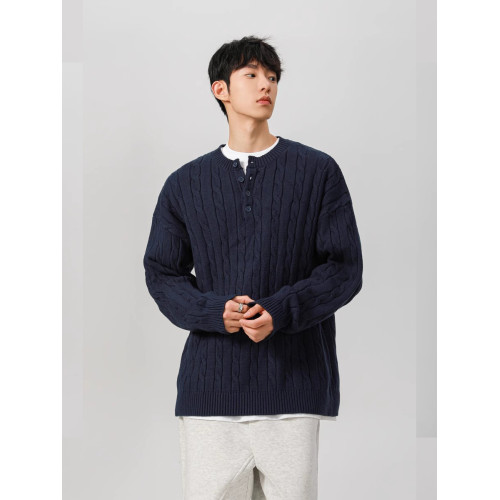 藏青色美式亨利領毛衣男秋冬寬松加厚男士針織衫麻花內搭上衣男款 藏青色美式亨利領毛衣男秋冬寬松加厚男士針織衫麻花內搭上衣男款