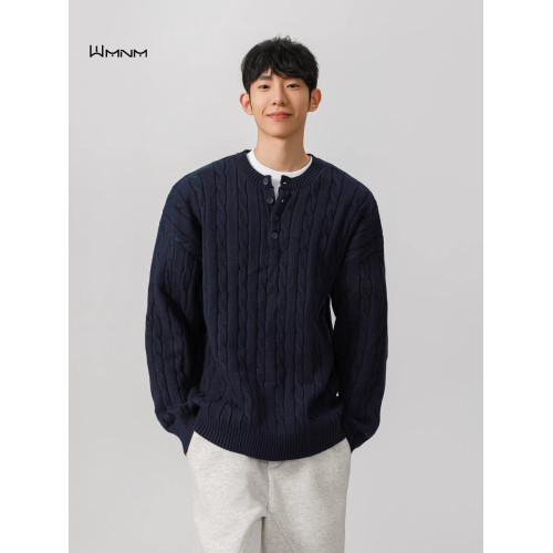 藏青色美式亨利領毛衣男秋冬寬松加厚男士針織衫麻花內搭上衣男款 藏青色美式亨利領毛衣男秋冬寬松加厚男士針織衫麻花內搭上衣男款