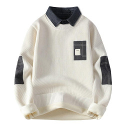 一體絨毛衣男秋冬季潮牌青年拼色假兩件休閒保暖襯衫領針織衫內衣