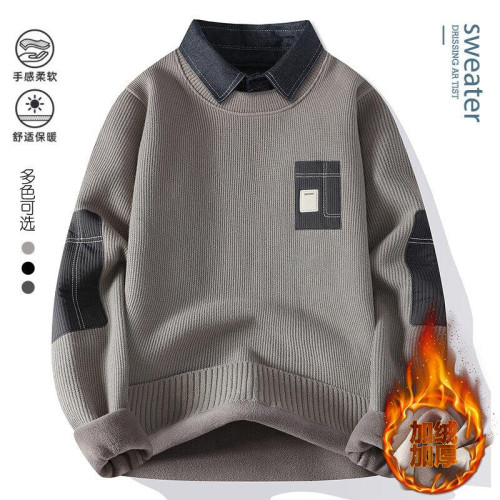 一體絨毛衣男秋冬季潮牌青年拼色假兩件休閒保暖襯衫領針織衫內衣 一體絨毛衣男秋冬季潮牌青年拼色假兩件休閒保暖襯衫領針織衫內衣