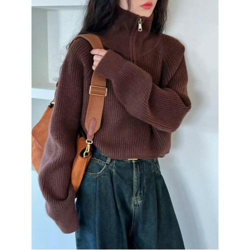 半高領拉鍊針織打底衫上衣女秋冬立領寬松設計感短款氣質加厚毛衣