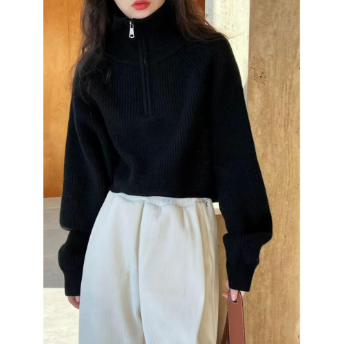 半高領拉鍊針織打底衫上衣女秋冬立領寬松設計感短款氣質加厚毛衣