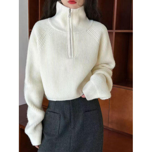 半高領拉鍊針織打底衫上衣女秋冬立領寬松設計感短款氣質加厚毛衣