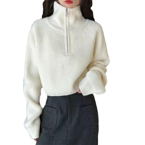 半高領拉鍊針織打底衫上衣女秋冬立領寬松設計感短款氣質加厚毛衣