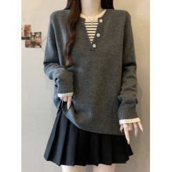 秋冬2025新款假兩件灰色長袖針織衫大碼女裝胖mm寬松顯瘦毛衣上衣