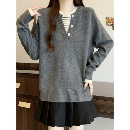 秋冬2025新款假兩件灰色長袖針織衫大碼女裝胖mm寬松顯瘦毛衣上衣