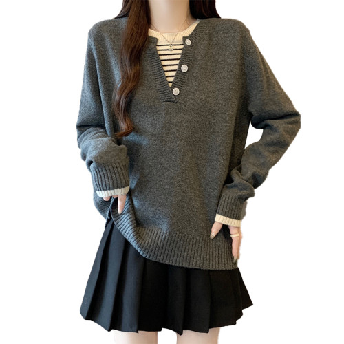 秋冬2025新款假兩件灰色長袖針織衫大碼女裝胖mm寬松顯瘦毛衣上衣