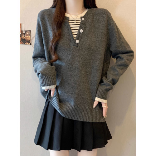 秋冬2025新款假兩件灰色長袖針織衫大碼女裝胖mm寬松顯瘦毛衣上衣