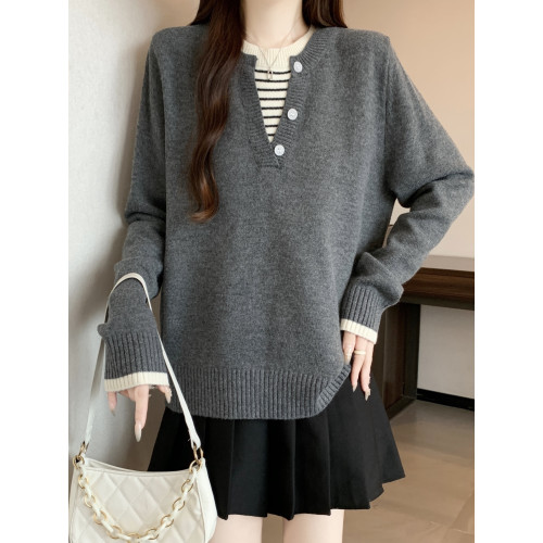 秋冬2025新款假兩件灰色長袖針織衫大碼女裝胖mm寬松顯瘦毛衣上衣