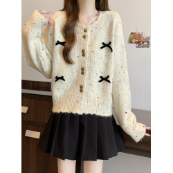 韓系chic彩點針織開衫女2025秋季新款大碼胖mm短款蝴蝶結毛衣外套