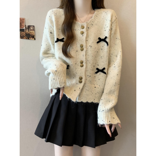 韓系chic彩點針織開衫女2025秋季新款大碼胖mm短款蝴蝶結毛衣外套