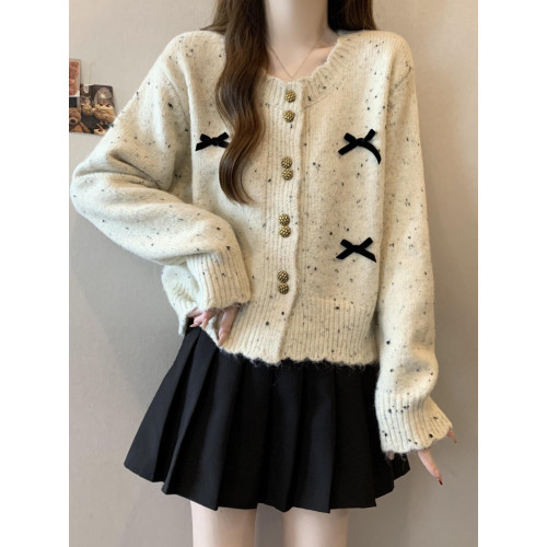 韓系chic彩點針織開衫女2025秋季新款大碼胖mm短款蝴蝶結毛衣外套