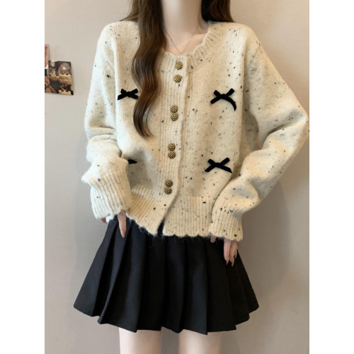 韓系chic彩點針織開衫女2025秋季新款大碼胖mm短款蝴蝶結毛衣外套